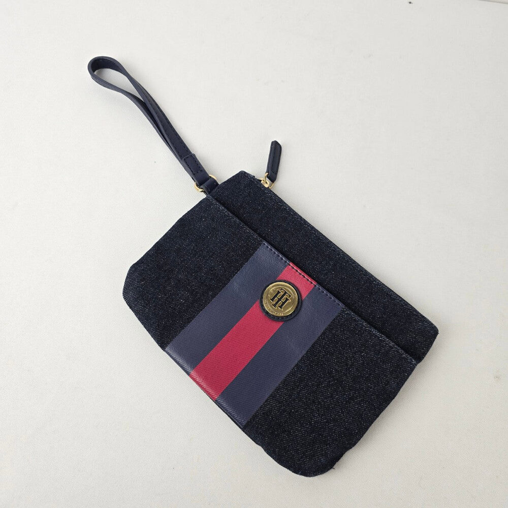 Tommy Hilfiger Denim Wristlet Pouch Navy Red Stripe Logo Zip Clutch